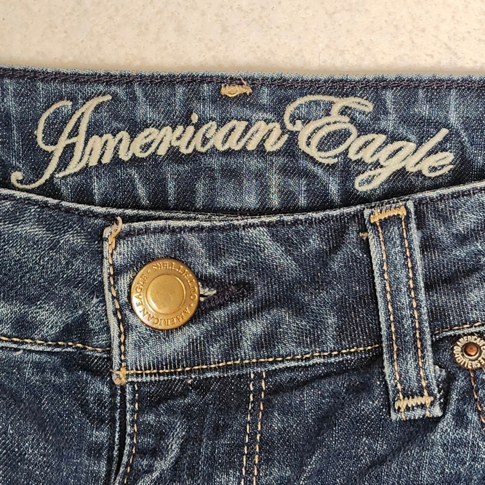 Y2K American Eagle 77 Straight Jeans Women 6L Low Rise Distressed Denim Fade - Picture 4 of 8